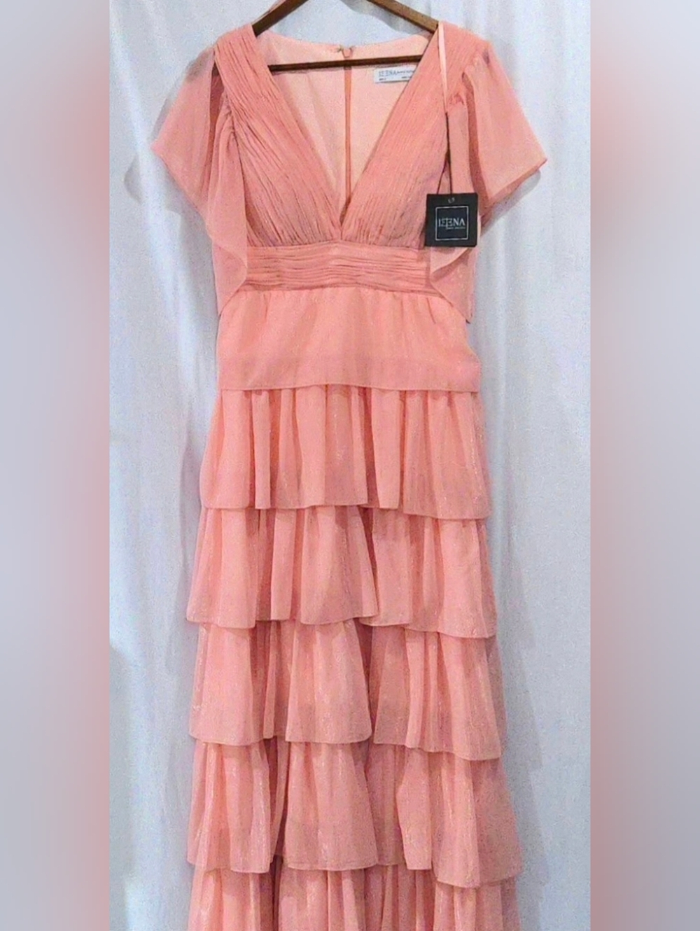 IEENA for Mac Duggal Shimmer Ruffle Tiered Wedding Guest Gown‎ Blush Pink 8 NWT